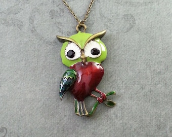 Owl Necklace LARGE Owl Jewelry Enamel Owl Charm Necklace Owl Pendant Necklace Owl Gift Colorful Owl Bronze Necklace Animal Jewelry