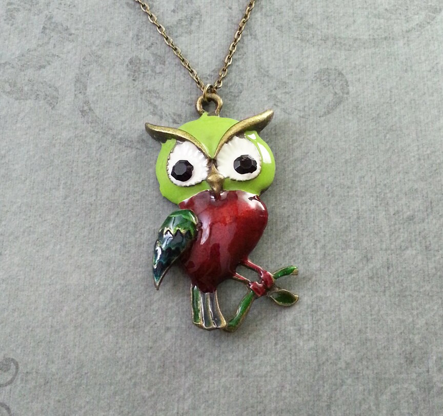 Owl Necklace LARGE Owl Jewelry Enamel Owl Charm Necklace Owl Pendant Necklace Owl Gift Colorful Owl 