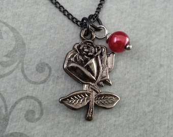 Black Rose Necklace, Rose Jewelry, Black Necklace, Valentine's Jewelry, Black Rose Pendant Necklace, Red Bead Charm Necklace, Gothic Jewelry