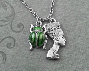 Nefertiti Necklace SMALL Nefertiti Jewelry Egyptian Necklace Egyptian Jewelry Scarab Necklace Silver Nefertiti Pendant Green Scarab Beetle