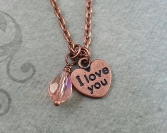 I Love You Necklace, VERY SMALL Heart Necklace, Valentine's Jewelry, Copper Necklace, Wedding Gift, Valentine's Necklace, Bridesmaid Jewelry