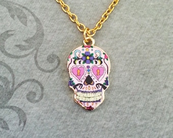 Sugar Skull Necklace SMALL Skull Jewelry Dia De Los Muertos Jewelry Day of the Dead Necklace Muertos Necklace Colorful Sugar Skull Charm