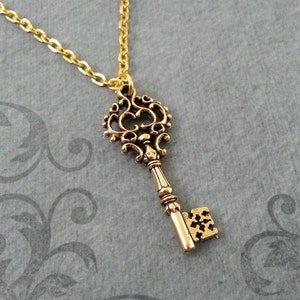 Victorian Key Necklace, Key Jewelry, Gold Key Pendant, Antique Key Charm Victorian Gift Steampunk Jewelry Pendant Necklace Gold Necklace image 1