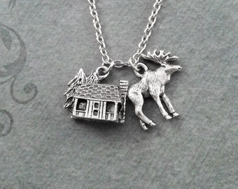 Cabin Necklace VERY SMALL Silver Cabin Charm Necklace Cabin Jewelry Hunting Gift Camping Gift Moose Necklace Moose Jewelry Hunting Necklace