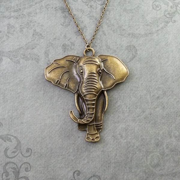 Elephant Necklace LARGE Bronze Elephant Jewelry Elephant Pendant Necklace Brass Elephant Charm Necklace Safari Animal Necklace Elephant Gift