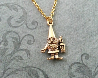 Gnome Necklace SMALL Gold Lawn Gnome Jewelry Garden Gnome Gift Lantern Necklace Fantasy Necklace Gnome Pendant Gnome Charm Bridesmaid Gift