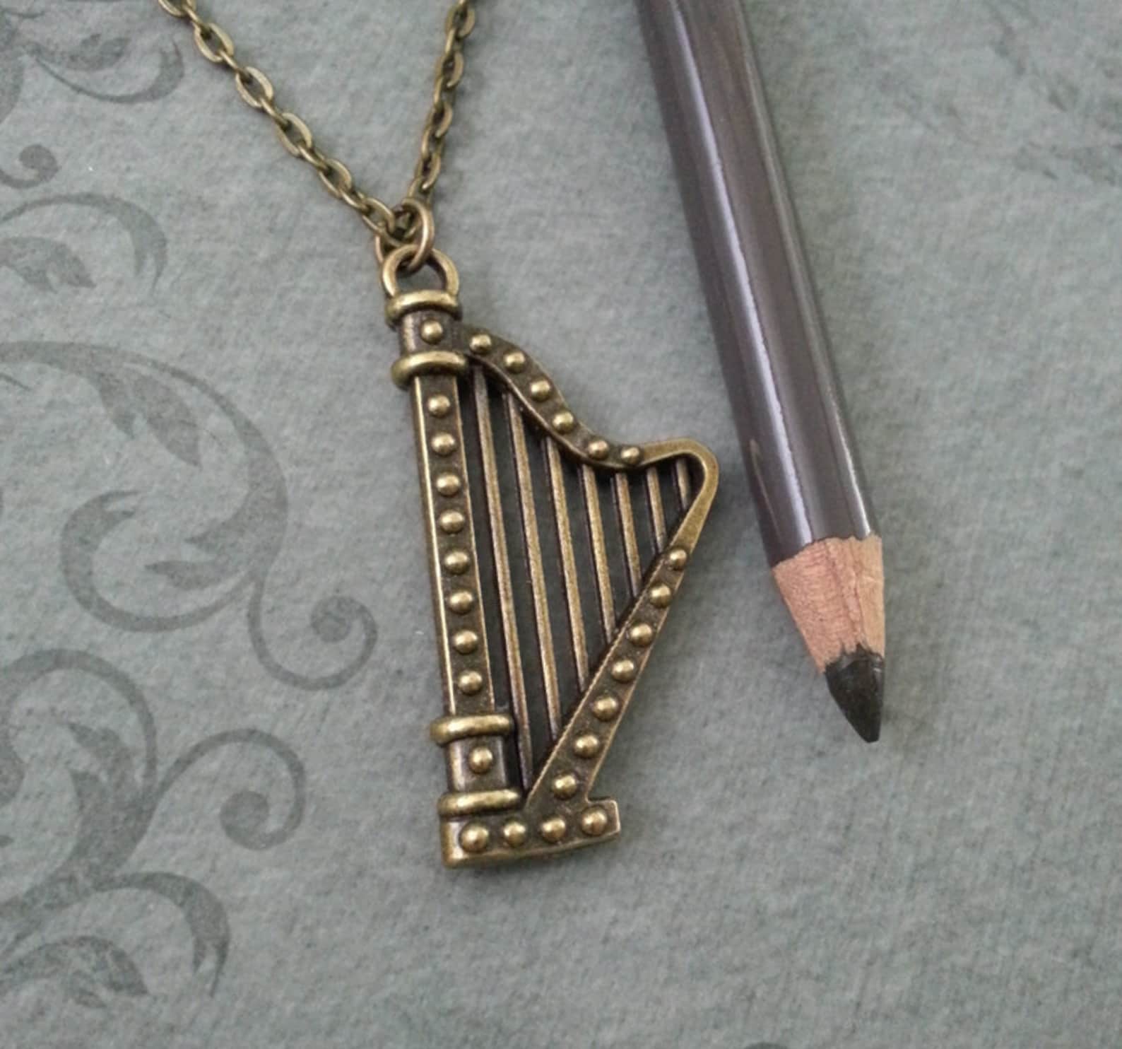 Harp Necklace SMALL Harp Pendant Classical Music Jewelry Brass Etsy