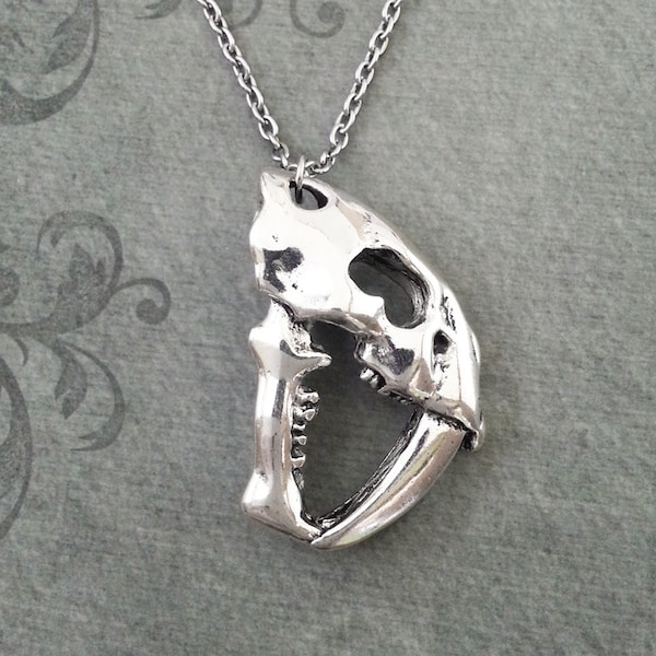 Saber Toothed Tiger Necklace, LARGE Saber Tooth Jewelry, BIG Sabre Toothed Cat Pendant, Boyfriend Gift, Boyfriend Necklace Saber Tooth Skull