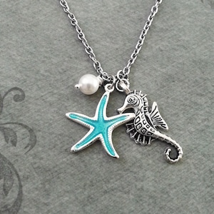 Seahorse Necklace SMALL Blue Starfish Necklace Silver Beach Necklace Pearl Necklace Teenage Girl Jewelry Bridesmaid Necklace Ocean Necklace