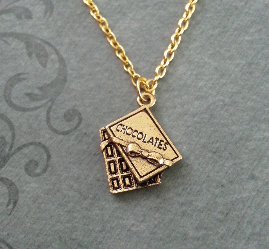 Box of Chocolates Necklace, SMALL Pendant Necklace, Anniversary Gift, Candy Jewelry, Gold Charm Necklace, Girlfriend Gift, Chocolate Gift