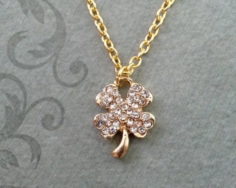 Four Leaf Clover Necklace, SMALL Gold Clover Pendant Necklace, St. Patrick's Day Gift Lucky Necklace St Patrick's Necklace Rhinestone Clover