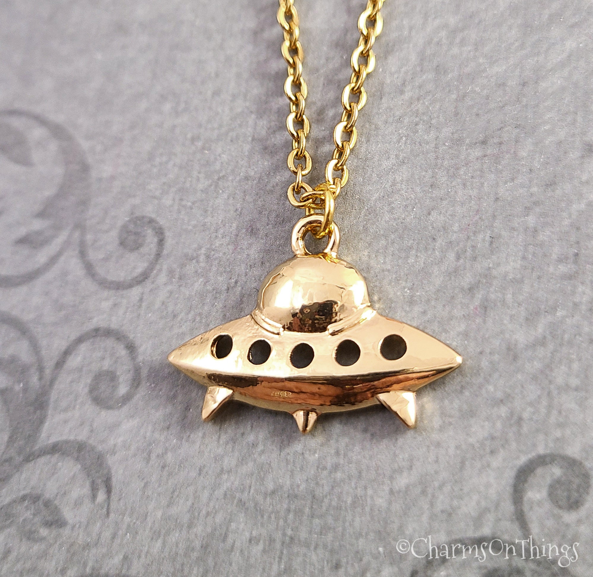 UFO Pendant Personalised Gold Flying Saucer Necklace UFO Necklace Alien necklace