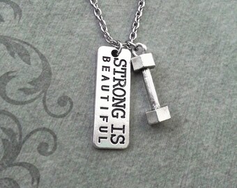 Strong Is Beautiful Necklace VERY SMALL Dumbbell Necklace Dumbbell Jewelry Exercise Gift Exercise Necklace Workout Gift Weight Loss Gift