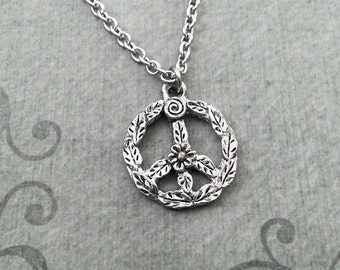 Peace Sign Necklace SMALL Silver Peace Jewelry Flower Peace Necklace Bohemian Necklace Hippie Jewelry Peace Symbol Necklace Peace Wreath