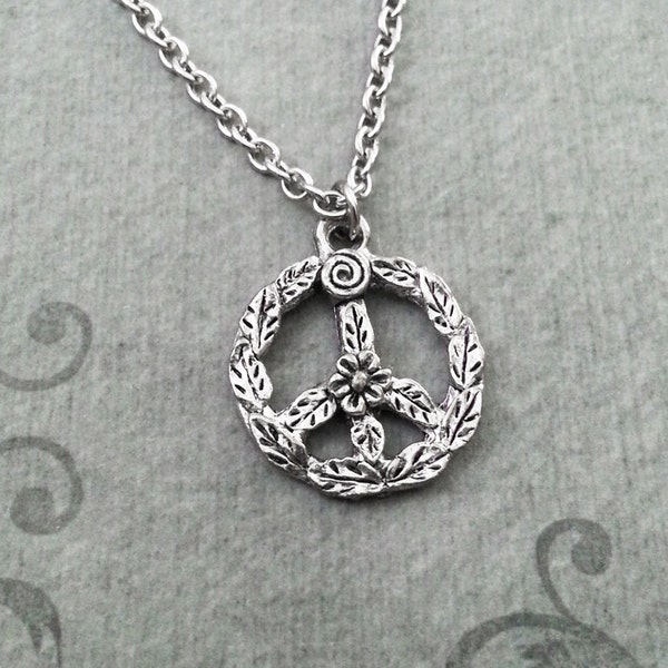 Peace Sign Necklace SMALL Silver Peace Jewelry Flower Peace Necklace Bohemian Necklace Hippie Jewelry Peace Symbol Necklace Peace Wreath