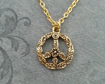 Peace Sign Necklace SMALL Gold Peace Jewelry Flower Peace Necklace Bohemian Necklace Hippie Necklace Peace Symbol Necklace Leaf Peace Sign