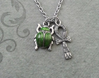 Scarab Necklace SMALL Scarab Jewelry Egyptian Necklace Egyptian Jewelry Beetle Necklace Silver Ankh Necklace Ankh Charm Green Scarab Beetle