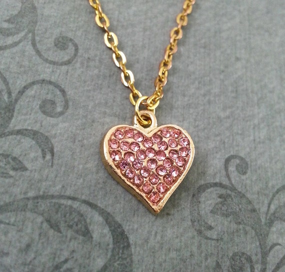 Pink Rhinestone Heart Necklace SMALL Rhinestone Jewelry Gold