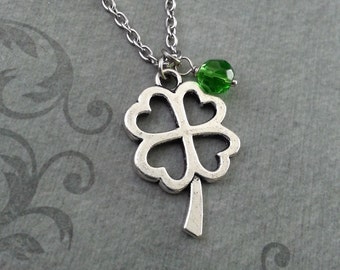 Four Leaf Clover Necklace, Silver Clover Pendant Necklace, St. Patrick's Day Gift, Lucky Necklace, St. Patrick's Necklace Green Bead Jewelry