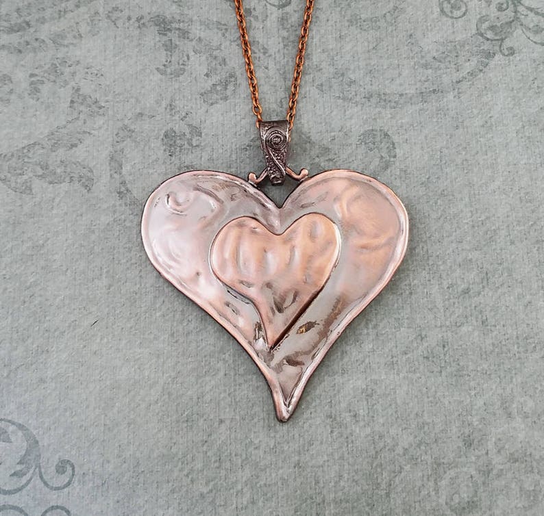 Heart Necklace LARGE Copper Heart Jewelry Statement Necklace Girlfriend Necklace Heart Charm Necklace Heart Pendant Necklace Wife GIft image 1