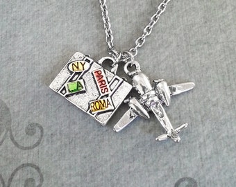 Airplane Necklace SMALL Plane Necklace Airplane Jewelry Suitcase Necklace Plane Charm Necklace World Travel Gift Long Distance Relationship
