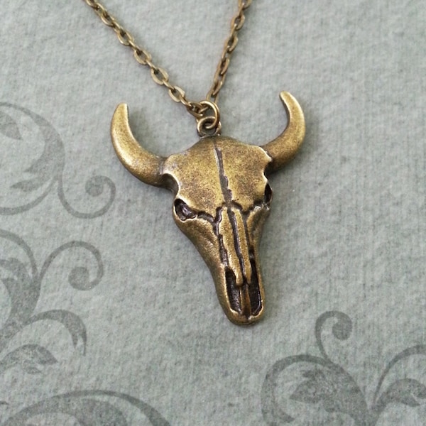 Bull Skull Necklace Bronze Steer Skull Jewelry Brass Cow Skull Charm Necklace Southern Jewelry Southwestern Jewelry Longhorn Skull Necklace