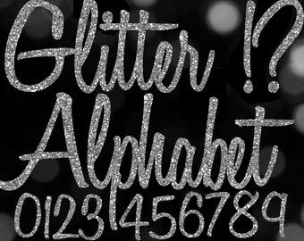 Digital Silver Alphabet Digital Clip Art, Silver Glitter Letters Digital Download, Digital Numbers, Silver Digital Letters Cursive Alphabet