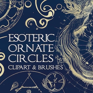 Sierlijke magische cirkel clipart en stempelpenseel: symbolen, glyphs, runen, Witchy occulte illustraties, mystieke geheimzinnige dierenriem, Photoshop, voortplanten 5+