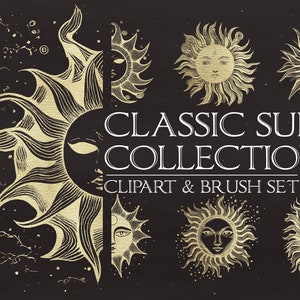 Classic Sun Clipart Set: Vintage jaren 90 Celestial Face Designs - goud, zwart, wit transparante pngs, abr stamp brush Photoshop of Procreate 5
