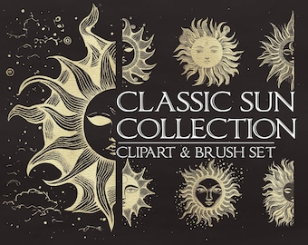 Classic Sun Clipart Set: Vintage 90s Celestial Face Designs - Gold, black, white transparent pngs, abr stamp brush Photoshop or Procreate 5