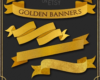 Digital Ribbon Banner Clipart: Gold Ribbon Banner Clip Art, Gold Banner Clip Art, Digital Banner Graphics, Ribbon Banner Digital Download