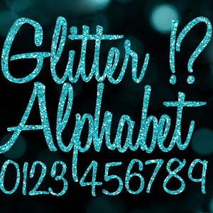 Blau Glitzer Alphabet Clipart Overlays: Druckbare Schreibschrift Handschrift Clip Art, glänzender Großbuchstabe, digitale Alphabet-Grafik in Aqua-Türkis