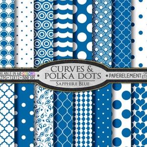 May include: A set of 16 digital paper patterns in a sapphire blue color with white polka dots and geometric designs. The patterns are available in 60 colors and are 12x12 inches at 300 DPI.