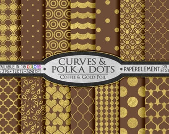 May include: A set of 14 digital paper patterns featuring gold foil designs on a brown background. The patterns include polka dots, hearts, paisley, and geometric shapes. The text "CURVES & POLKA DOTS COFFEE & GOLD FOIL" is displayed on a black banner.