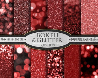 Valentines Red Glitter Paper: Red Glitter Digital Paper, Red Bokeh Digital Paper, Red Glitter Backgrounds, Xmas Red Bokeh Prints