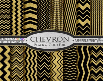 Black and Gold Chevron Digital Paper Pack: Gold and Black Chevron Printable, Black Gold Foil Chevron Metallic Chevron, Metallic Gold Chevron