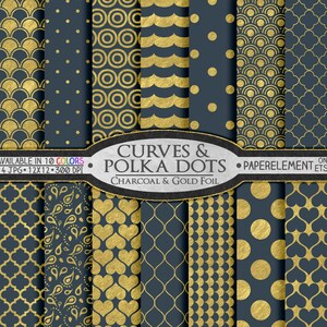 Charcoal Gray and Gold Polka Dot Scrapbook Paper - Metallic Foil Gold Geometric Patterns on Gray Backgrounds: Gold and Dark Gray Graduation