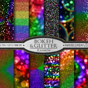 Digital Rainbow Digital Paper: Rainbow Scrapbook Paper, Rainbow Paper, Rainbow Glitter Paper, Multicolor Glitter Rainbow Backdrop Background