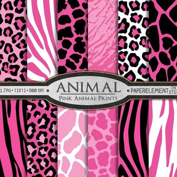 Hot Pink Animal Print Digital Paper: Safari Pattern Bundle with Tiger, Elephant, Leopard, Zebra, Giraffe and Cheetah Spot Backdrop Designs