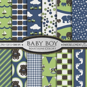 Baby Boy Digital Paper: Baby Boy Scrapbook Paper in Masculine Colors - Baby Digital Paper, Newborn Digital Paper, Baby Background Download