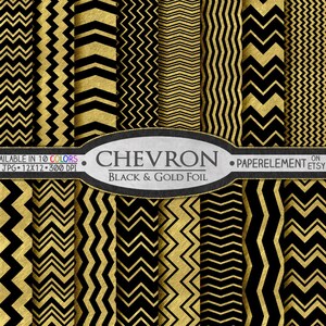 Black and Gold Chevron Digital Paper Pack: Gold and Black Chevron Printable, Black Gold Foil Chevron Metallic Chevron, Metallic Gold Chevron