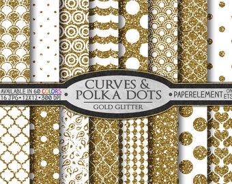 Gold Glitter Polka Dot Digital Paper: Gold Glitter Pages, Shiny Designs, Heart Backgrounds, Sparkle Hearts, Quatrefoil, Waves, Paisley