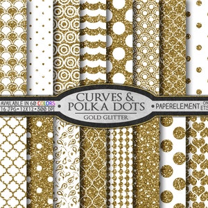 Pode incluir: Conjunto de 16 padrões de papel digital com textura de glitter dourado. Os padrões apresentam bolinhas brancas, curvas e desenhos geométricos sobre um fundo de glitter dourado. O texto "CURVES & POLKA DOTS GOLD GLITTER" é exibido na imagem.