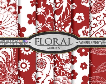 Auburn Red Floral Digital Paper Patterns: Printable 12x12 Scrapbook Page Design Pack - Flowers, Vines, Leaves Background Jpg Download