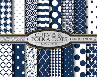 Navy Blue Polka Dot Digital Paper - Printable Navy Blue Geometric Patterns with Navy Polka Dot Scrap Book Backdrop