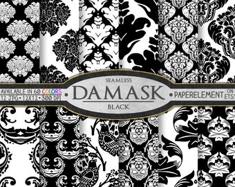 Papel digital con estampado damasco sin costuras en blanco y negro: estampados de tela ornamentados, elegantes fondos para regalos de aniversario de bodas, conjunto de fondos