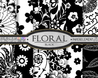 Black and White Floral Digital Paper Patterns Set: Flower Backgrounds, Backdrops Printable Scrapbook Download, Graphics Images Design Print