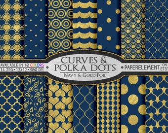 Puede incluir: Un conjunto de 14 patrones de papel digital con diseños en azul marino y dorado. Los patrones incluyen lunares, curvas y formas geométricas.  AVAILABLE IN 10 COLORS 14 JPG 12X12 300 DPI CURVES & POLKA DOTS NAVY & GOLD FOIL PAPERELEMENT ETSY ON