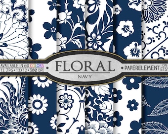 Navy Blue Floral Digital Paper Patterns Set: Flower Backgrounds, Backdrops Printable Scrapbook Download, Autumn Graphic Images Design Print