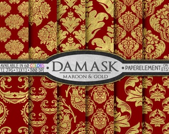 May include: A set of 12 digital paper patterns featuring a damask design in maroon and gold. The text "Damask Maroon & Gold" is visible in the center of the image.  Available in 60 colors, 12 JPG, 12x12, 300 DPI.
